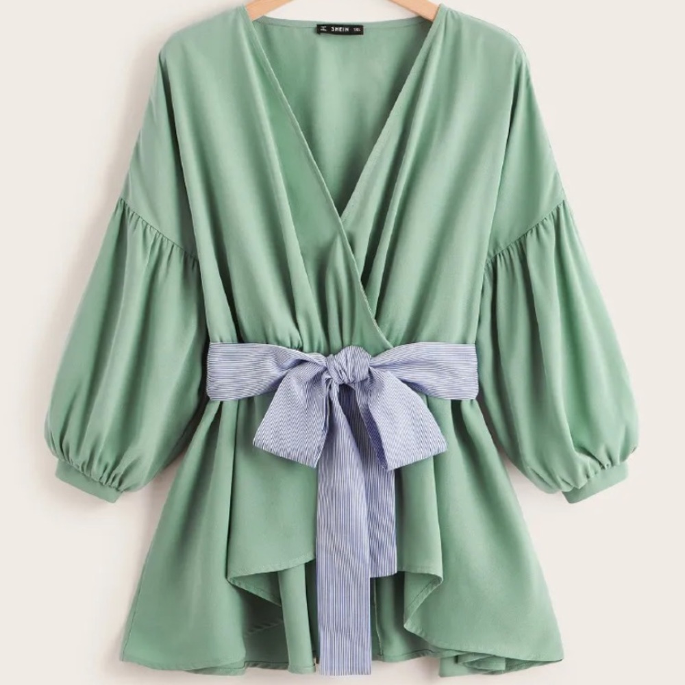 Surplice neck pinstripe belted blouse